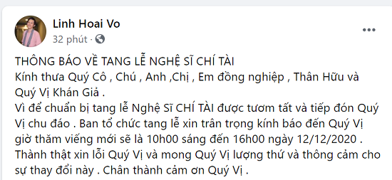 NSƯT Hoài Linh thông báo lùi thời gian tổ chức lễ viếng cố nghệ sĩ Chí Tài - Ảnh 1.