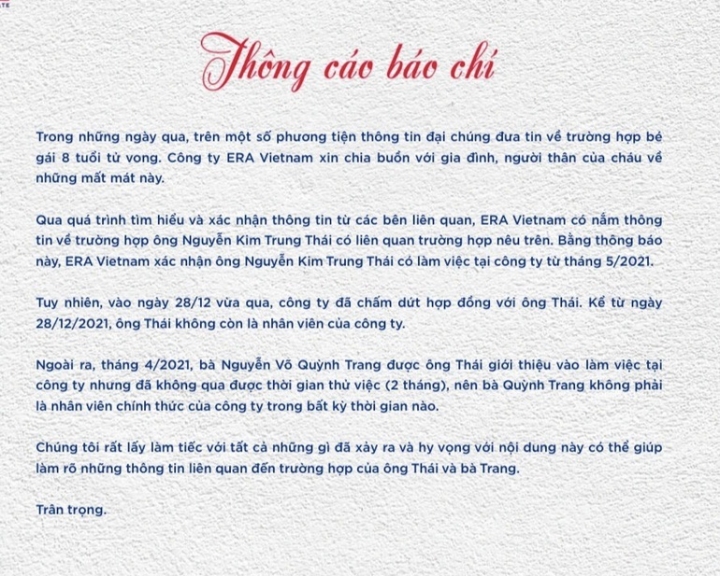'Dì ghẻ' hành hạ bé gái tới chết: ERA Vietnam sa thải Nguyễn Kim Trung Thái - Ảnh 1.