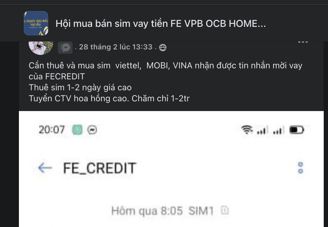 Dịch vụ thuê SIM vay FE Credit giá 4 triệu đồng tràn lan trên Facebook - Ảnh 2.