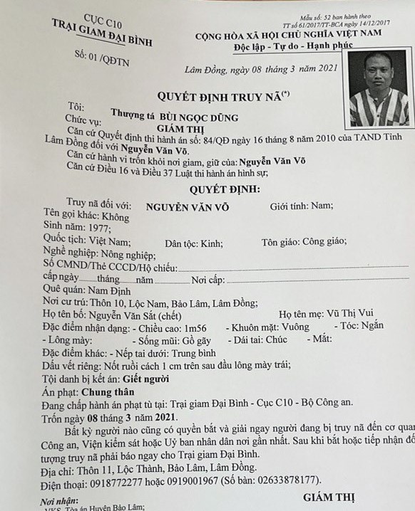 Lâm Đồng: Truy nã đối tượng đang chấp hành án chung thân trốn khỏi trại giam - Ảnh 2.