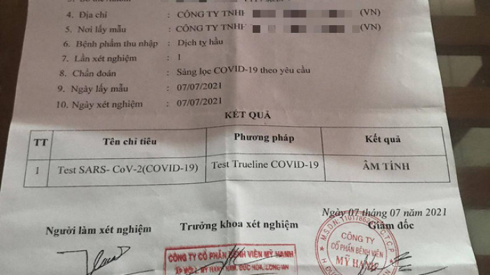 Một công nhân không đi xét nghiệm vẫn có giấy xét nghiệm Covid-19 âm tính của Phòng khám Đa khoa Mỹ Hạnh- Đức Hòa - Long An.jpg