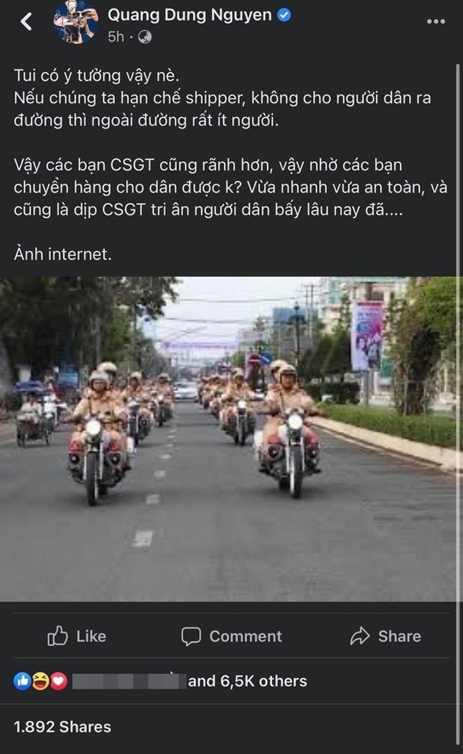 Đề xuất CSGT làm shipper trong mùa dịch, đạo diễn Nguyễn Quang Dũng bị chỉ trích - Ảnh 1.