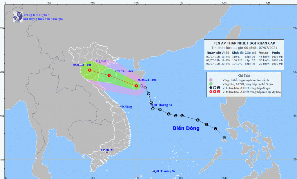 Tin áp thấp nhiệt đới khẩn cấp: Đêm 7/7 áp thấp nhiệt đới đổ bộ vào đất liền từ Quảng Ninh đến Nghệ An - Ảnh 1.