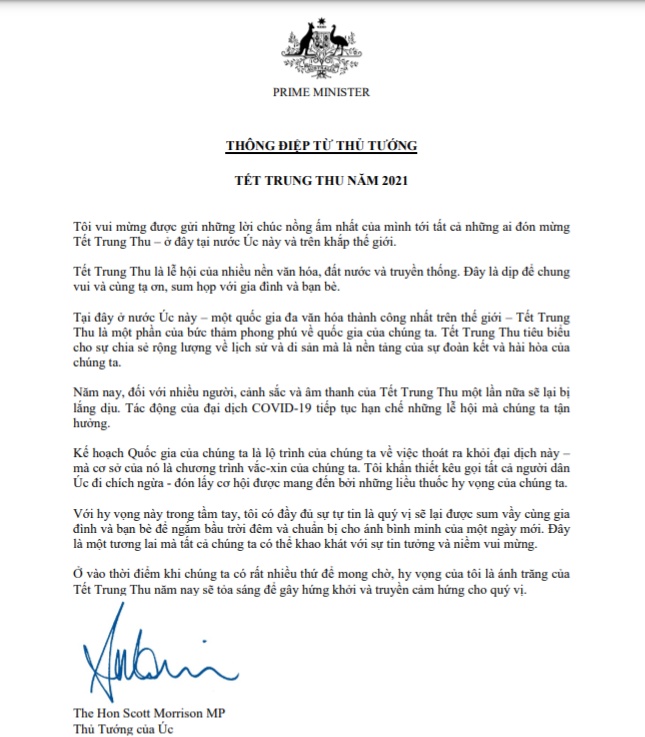 Thủ tướng Australia gửi thông điệp chúc Tết Trung thu bằng tiếng Việt - Ảnh 1.