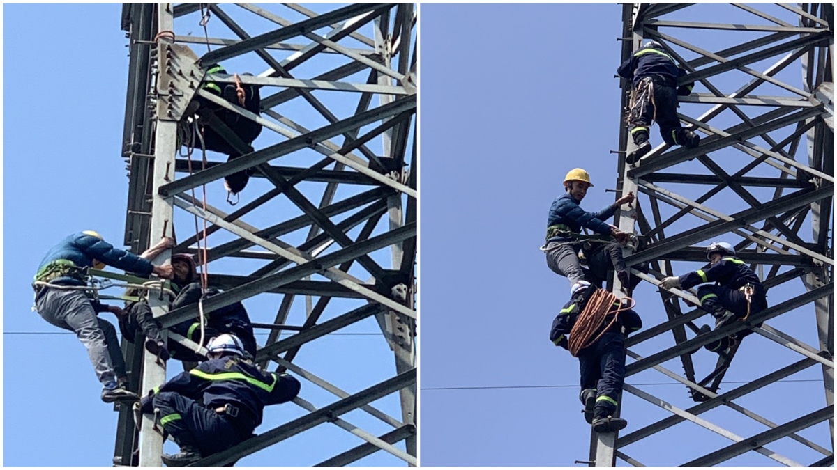 Giải cứu người phụ nữ 63 tuổi leo cột điện cao thế ở Hà Nội - Ảnh 1.