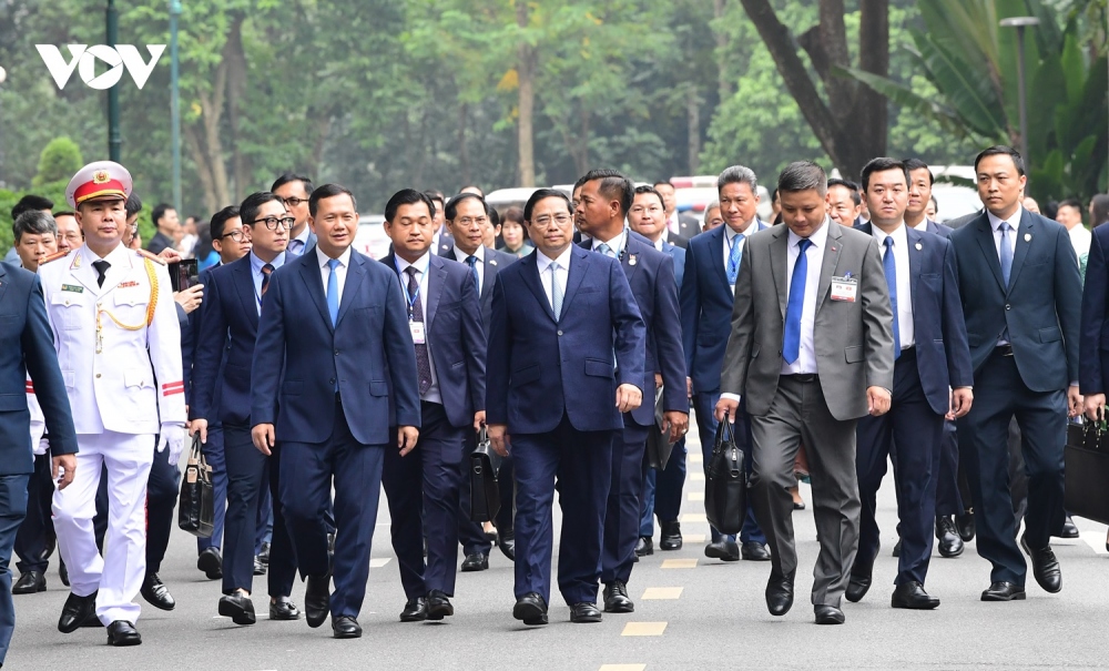 Ảnh: Toàn cảnh lễ đón và hội đàm giữa Thủ tướng Việt Nam và Thủ tướng Campuchia- Ảnh 6.