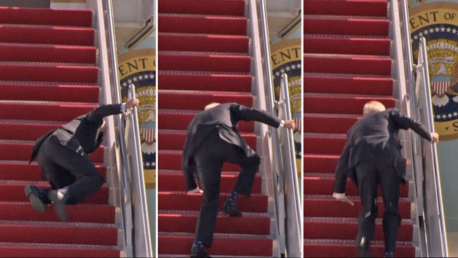 Tổng thống Biden nhiều lần vấp ngã trên cầu thang máy bay - Ảnh 1.