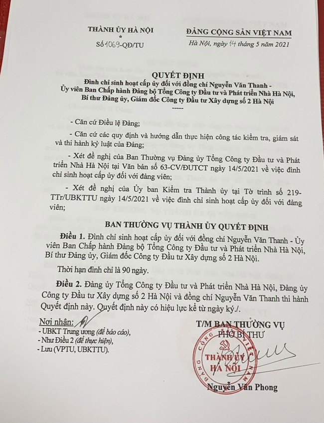 Giám đốc Hacinco Nguyễn Văn Thanh chính thức bị đình chỉ sinh hoạt cấp ủy - Ảnh 1.