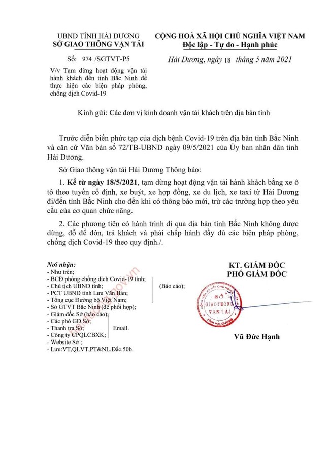 Hải Dương dừng tất cả hoạt động vận tải hành khách đến Bắc Ninh   - Ảnh 1.