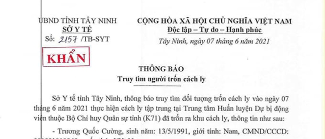 Tây Ninh: Thông báo khẩn tìm người trốn khỏi khu cách ly tập trung - Ảnh 1.