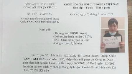 TPHCM: Truy tìm người Trung Quốc trốn cách ly