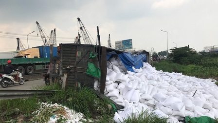 Người dân giúp tài xế gom hơn 50 tấn gạo bị đổ xuống ruộng