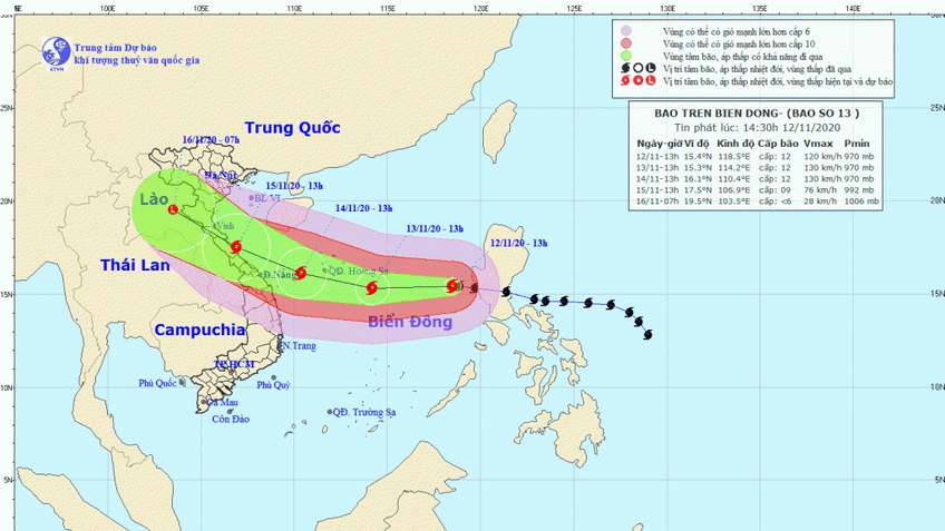 Bão số 13 di chuyển theo hướng Tây hướng vào đất liền Việt Nam