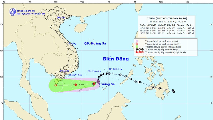 Bão số 14 suy yếu thành áp thấp nhiệt đới trên Biển Đông