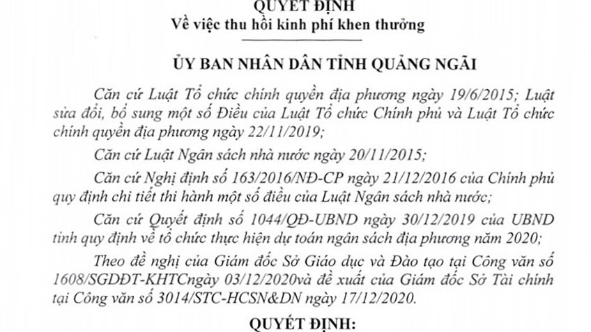 Thu hồi hơn 3,5 tỷ đồng khen thưởng học sinh ở Quảng Ngãi