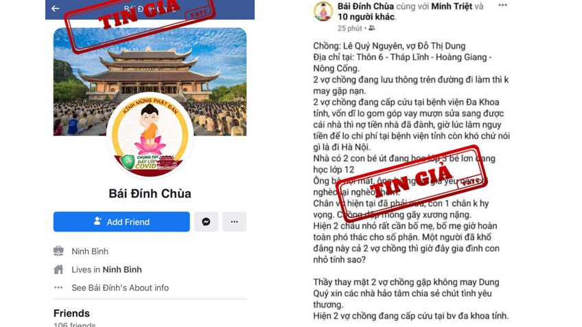 Giả mạo tài khoản Facebook chùa Bái Đính kêu gọi từ thiện