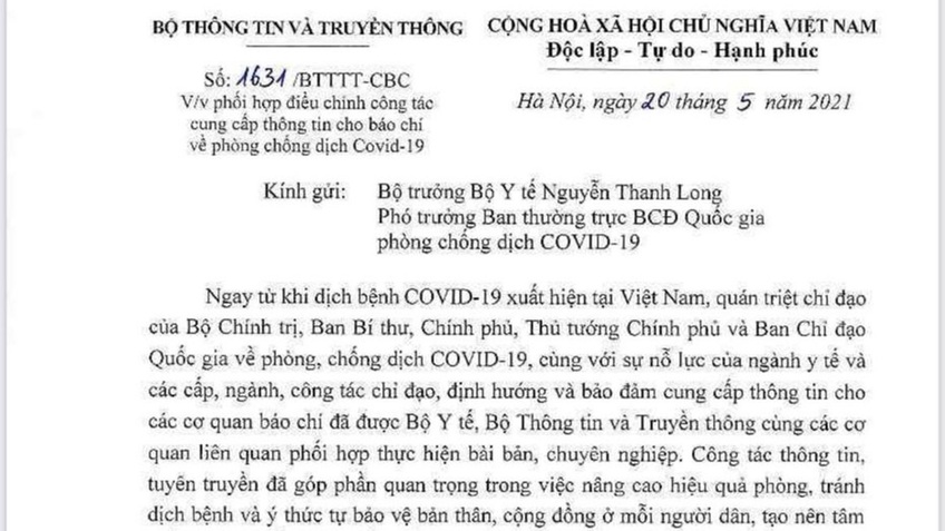 Bộ TTTT đề nghị không công bố cho báo chí danh tính, lịch trình di chuyển và quá trình tiếp xúc của bệnh nhân COVID-19