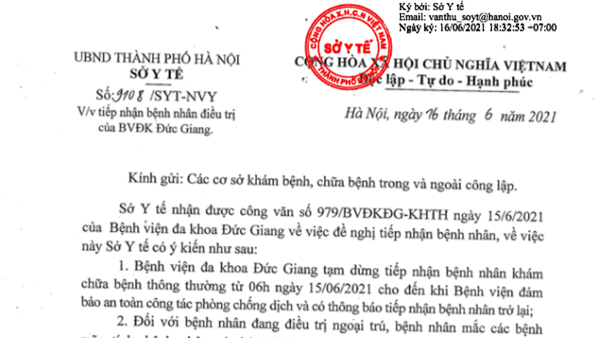 Điều chuyển bệnh nhân trong thời gian Bệnh viện đa khoa Đức Giang tạm dừng tiếp nhận để phòng chống dịch Covid-19