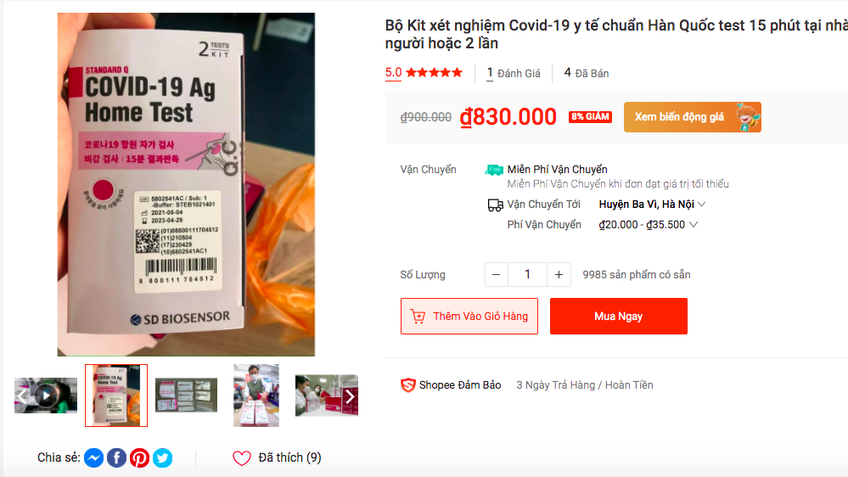 260.000 đồng/kit test nhanh Covid-19 rao bán trên chợ mạng