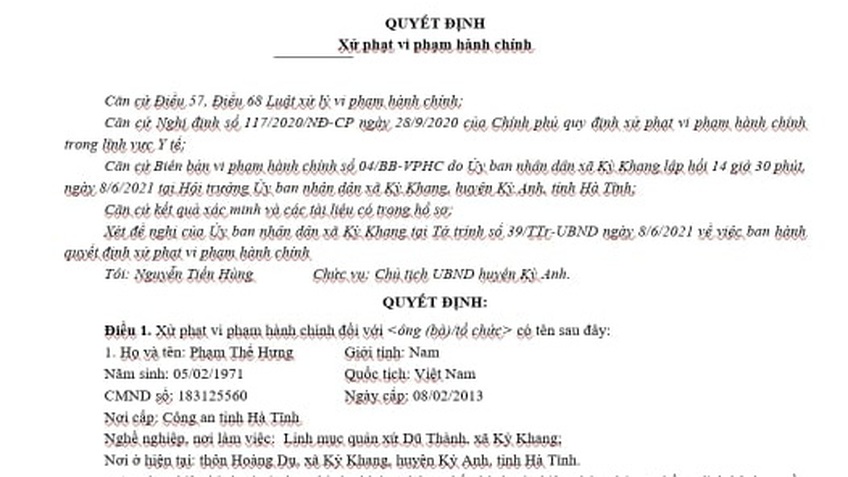 Hà Tĩnh: Xử phạt một linh mục liên quan đến phòng, chống dịch COVID-19