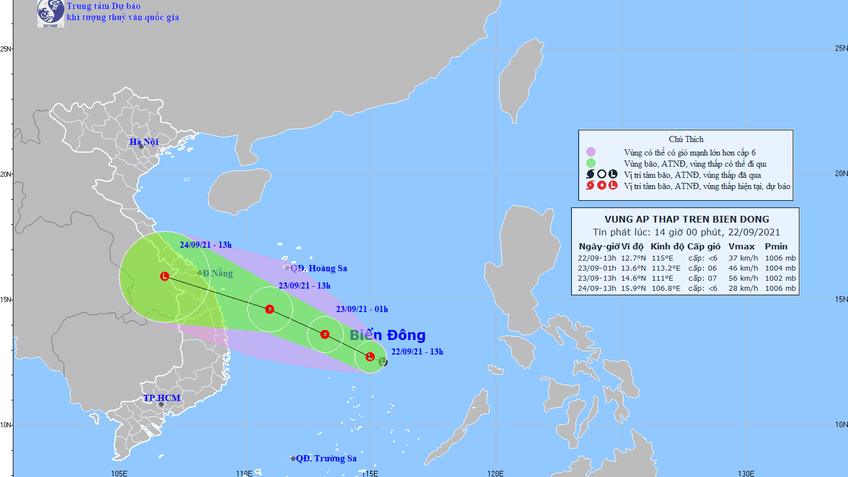 Áp thấp trên biển Đông di chuyển hướng về đất liền Thừa Thiên Huế - Bình Định