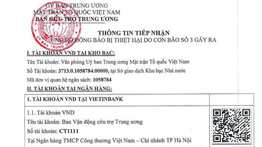 Số tài khoản MTTQ VN và Hội Chữ thập đỏ Việt Nam tiếp nhận ủng hộ đồng bào bị thiệt hại do bão số 3